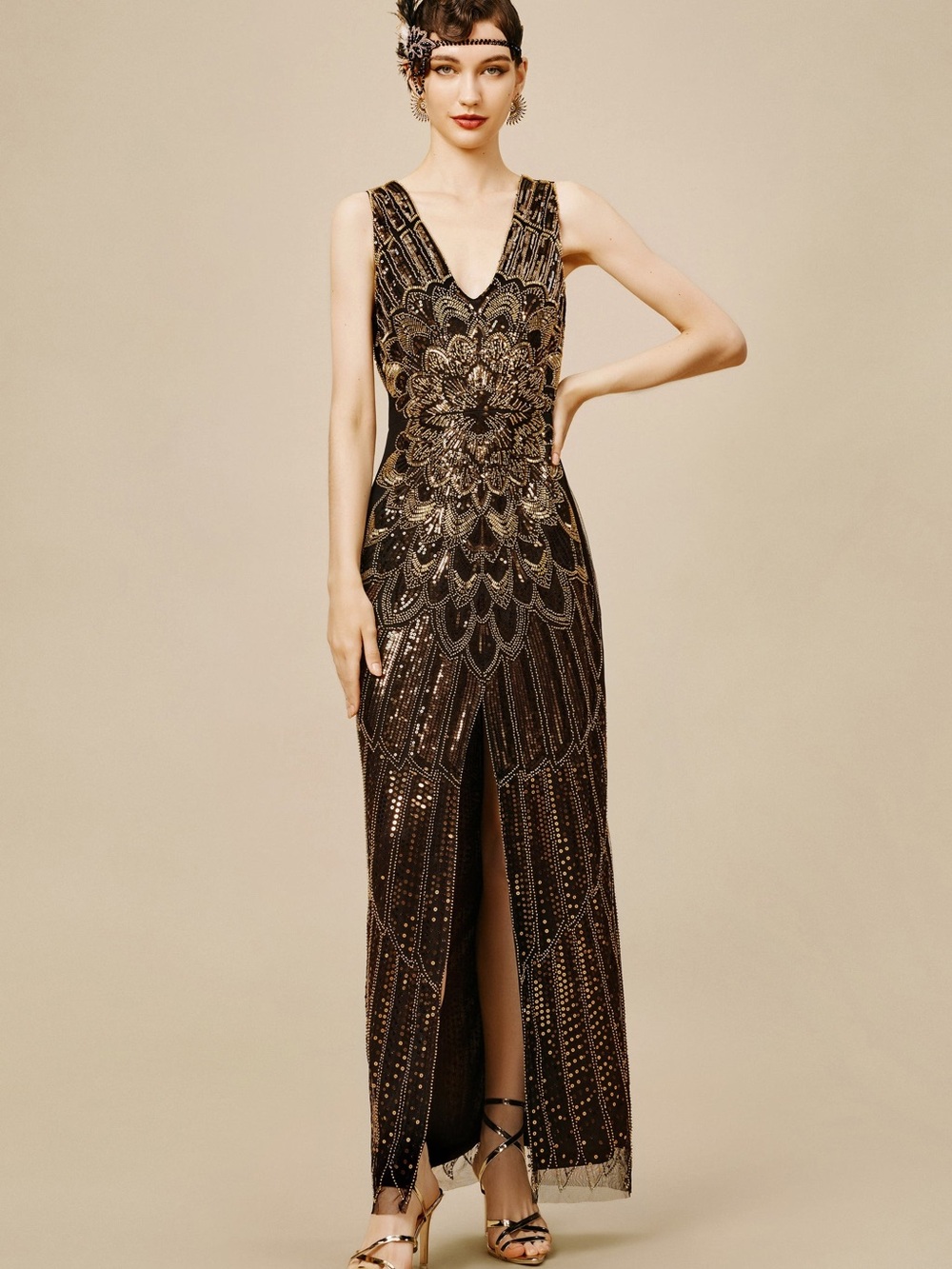 Black and Gold Sequin V-Neck Maxi Dress